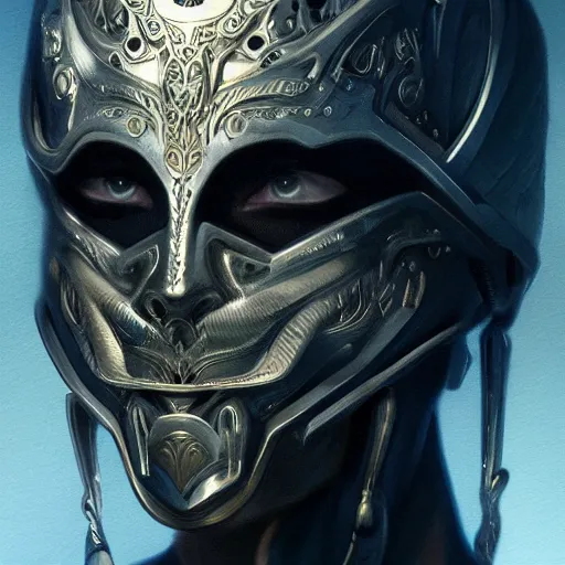 Image similar to Very very very very highly detailed epic photo of face with venetian mask, intricate, dystopian, sci-fi, extremely detailed, digital painting, artstation, concept art, smooth, sharp focus, illustration, intimidating lighting, incredible art by Artgerm and Vincent di Fate