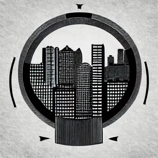 Image similar to a perfect circle where the inside is empty blank space and around the outer edge of the circle is the silhouette of a city skyline, black and white, minimalist, in the style of a line drawing