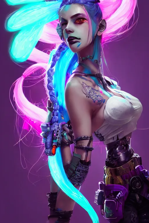 Prompt: jinx from league of legends, cyberpunk futuristic neon. long blue pigtail braid hair, decorated with traditional japanese ornaments by ismail inceoglu dragan bibin hans thoma greg rutkowski alexandros pyromallis nekro rene maritte illustrated, perfect face, fine details, realistic shaded, fine - face, pretty face