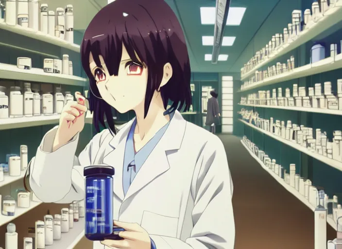 Prompt: anime film visual illustration a young woman in a lab coat looking at vials inside a apothecary shop, cute face by ilya kuvshinov, makoto shinkai, kyoani, masakazu katsura, dynamic pose, crisp and sharp, yoshinari yoh, rounded eyes, anime poster, ambient light, focused, flat, cel shaded