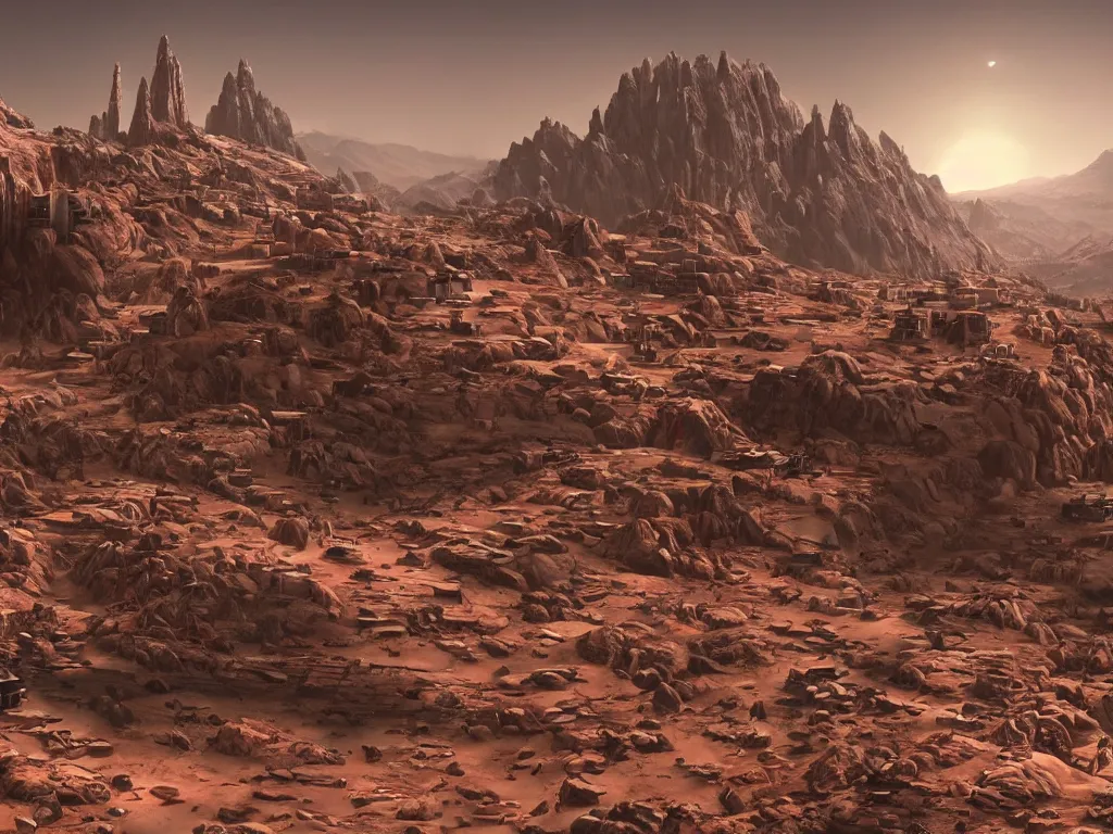 Image similar to Dharamshala!!! on Mars!!!!!, exterior wide shot, volumetric, epic, cinematic, highly detailed, intricate, by Raphael Lacoste, Eddie Mendoza, Alex Ross, Pilar Gogar, matte painting, 8K HDR