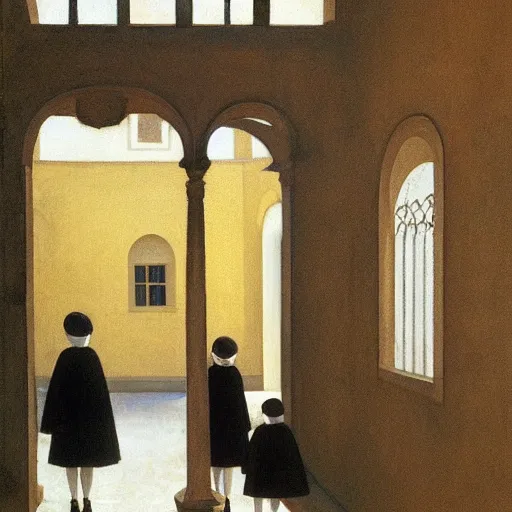 Image similar to in the distance, a little girl with short black hair and wearing a yellow coat alone in the inner courtyard of a cloister in an abbey, the light is bright and wintry, painting by hopper and de chirico