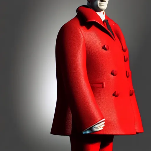 Image similar to a close up of a person wearing a red coat, a character portrait by jerry eisenberg, cgsociety, photorealism, # vfxfriday, physically based rendering, strange