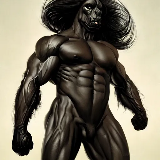 Image similar to a huge muscular black - coated anthro horse with long white hair wearing tactical kevlar fabric, exaggerated muscle physique, highly detailed, furry, furaffinity, digital painting, artstation, sharp focus, illustration, weta digital, art by artgerm, greg rutkowski, alphonse mucha