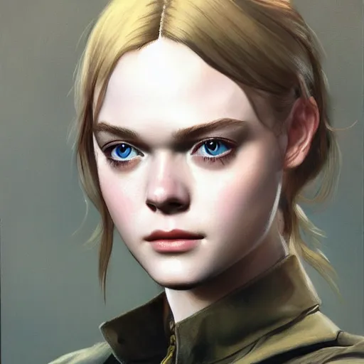 Prompt: ultra realistic portrait painting of elle fanning in metal gear solid, art by frank frazetta, 4 k, ultra realistic, highly detailed, epic lighting