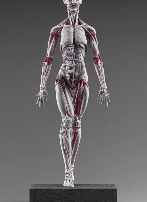 Image similar to a full body sculpture of anatomical female detailed cyborg, veins, ceramic base, orthographic, studio lighting