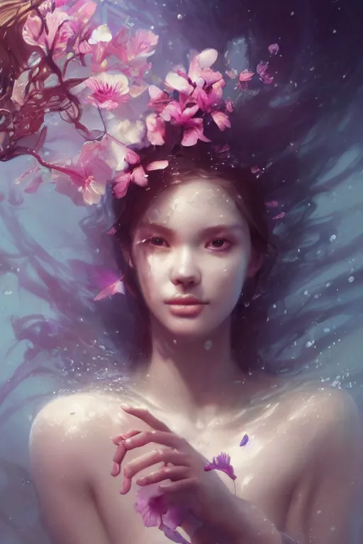 Image similar to face closeup a young beautiful girl nymph drowned in water, underwater photography, 3 d render, hyper realistic detailed portrait, holding magic flowers, ruan jia, wlop. scifi, fantasy, hyper detailed, octane render, concept art, by peter mohrbacher, by wlop, by ruan jia