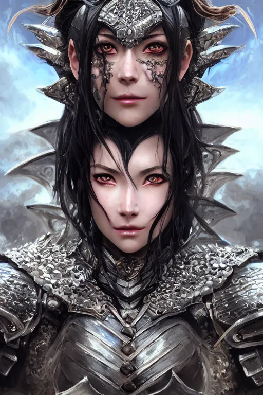 Image similar to A realistic anime portrait of a beautiful dark haired female orc knight wearing an intricate dragon plated armor, digital painting, by Stanley Artgerm Lau, Sakimichan, WLOP and Rossdraws, digital painting, painterly, Pixiv, Deviantart, golden ratio, rule of thirds, good composition, HD, 8k, award winning, promo art, splash art, rpg, jrpg, dungeons and dragons, DND, trending on ArtStation