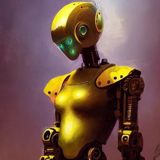 Prompt: portrait of a robot by greg rutkowski in the style of frank frazetta