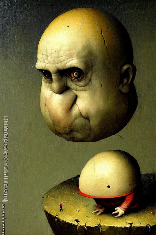 Prompt: hieronymus bosch greg rutkowski, oil painting of humpty dumpty, round head
