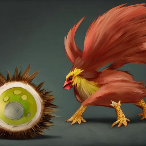 Prompt: a pokemon that looks like a coconuts .A rooster that looks like a coconut, which splits in half into wings,Trending on art station. Unreal engine.