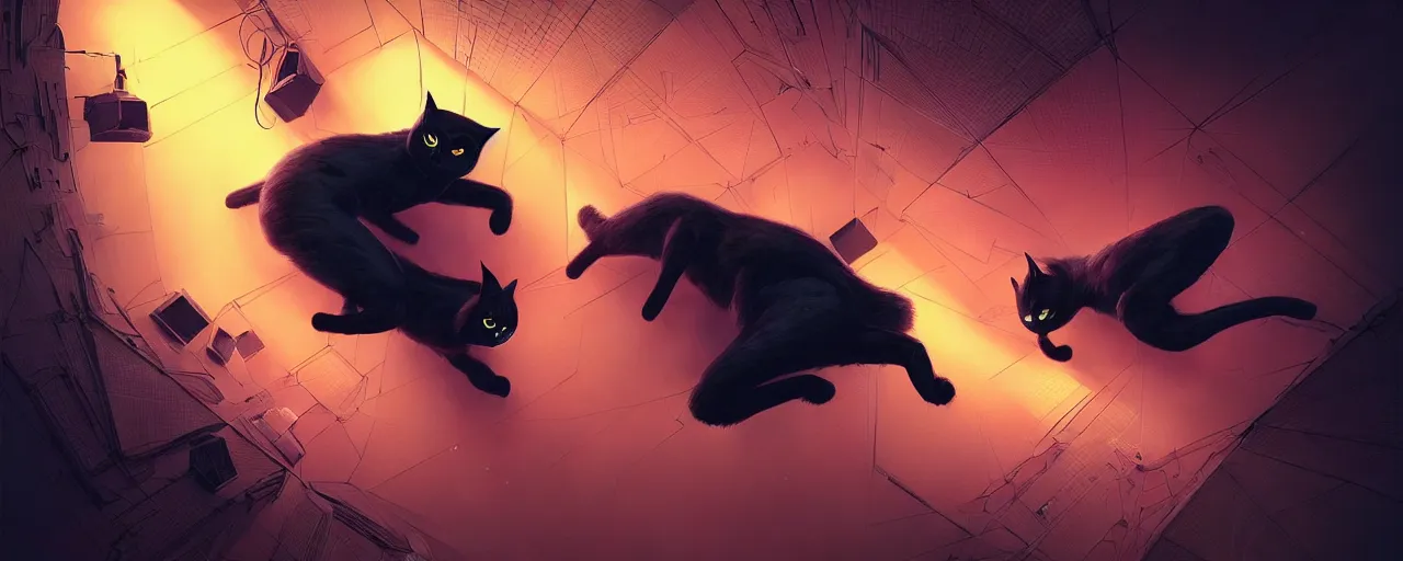 Image similar to duotone noir scifi concept illustration of black cat inside box zero gravity glowing 3 d mesh quantum portals, glowing eyes, octane render, surreal atmosphere, volumentric lighting. accidental renaissance. by sachin teng and sergey kolesov and ruan jia and heng z. graffiti art, scifi, fantasy, hyper detailed. trending on artstation