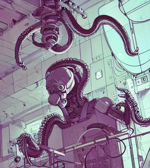 Image similar to a cybernetic realistic octopus in a space station, techwear, Industrial Scifi, detailed illustration, character portrait, by Martin Grip and Moebius