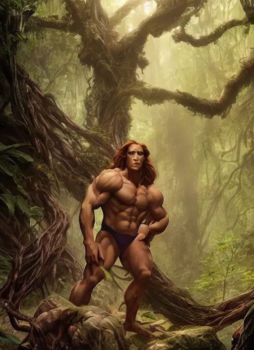 Image similar to A beautiful digital painting of tarzan in the mirkwood forrest looking at the camera by Stanley Artgerm Lau, frank frazetta, Rossdraws, James Jean, gerald brom, Andrei Riabovitchev, Marc Simonetti, and Sakimichan, trending on artstation