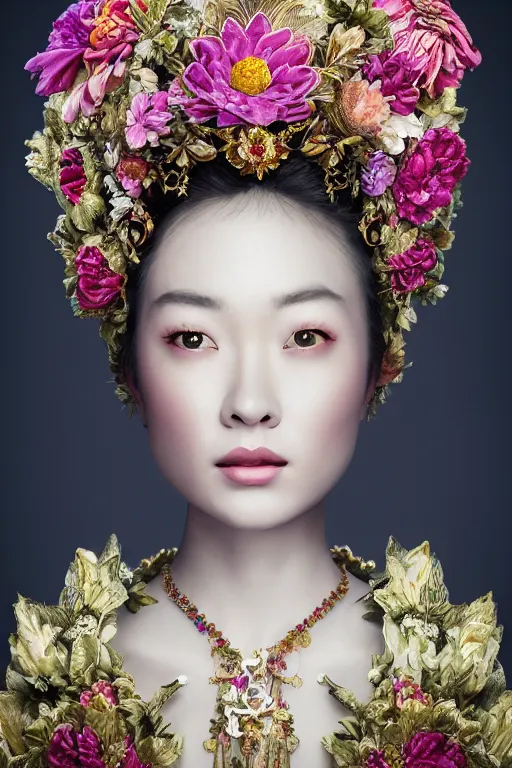 Image similar to a beautiful empress portrait, with a brilliant, impossible striking big flower headpiece, clothes entirely made out of flowers, garden backdrop, symmetrical, dramatic studio lighting, rococo, baroque, jewels, asian, hyperrealism, closeup, D&D, fantasy, intricate, elegant, highly detailed, digital painting, artstation, octane render, 8k, concept art, matte, sharp focus, illustration, art by Artgerm and Greg Rutkowski and Alphonse Mucha