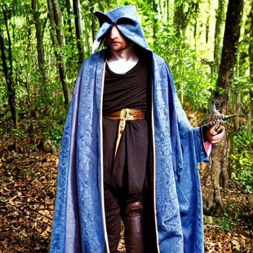 Image similar to medieval cloak wearing anthro lizard, photograph captured in the woods