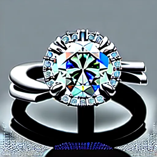 Prompt: engagement ring with two smaller diamonds outside and one bigger diamond in the middle, hyper detailed