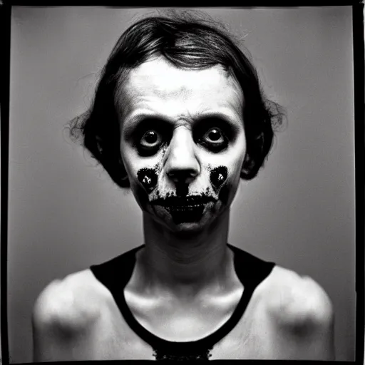 Prompt: portrait of a zombie by Diane Arbus, black and white, photorealistic, symmetrical, 50mm