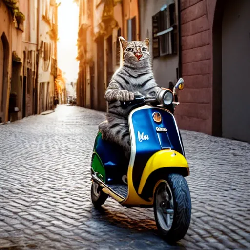 Image similar to cat riding an italian vespa scooter, photography 4 k