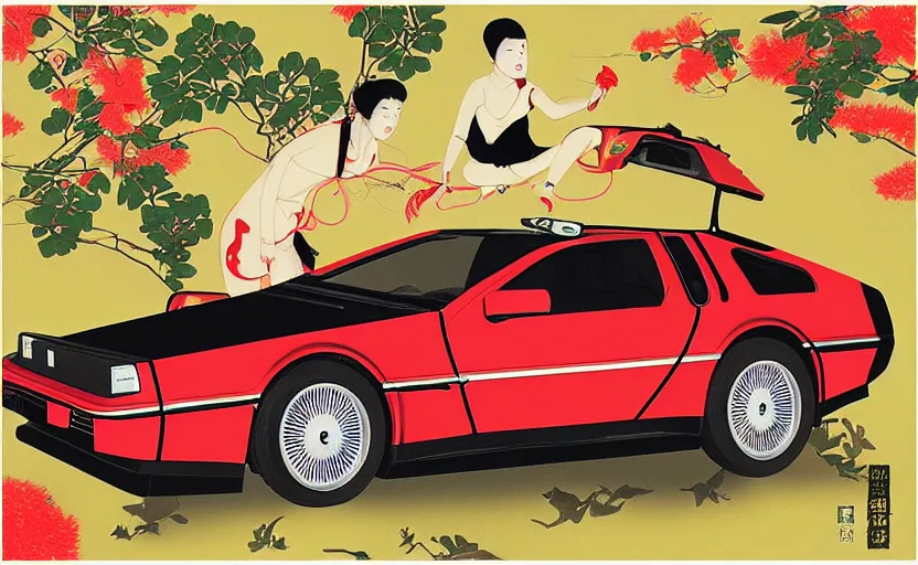 Image similar to a red delorean and a yellow tiger, painting by hsiao - ron cheng & utagawa kunisada, magazine collage style,