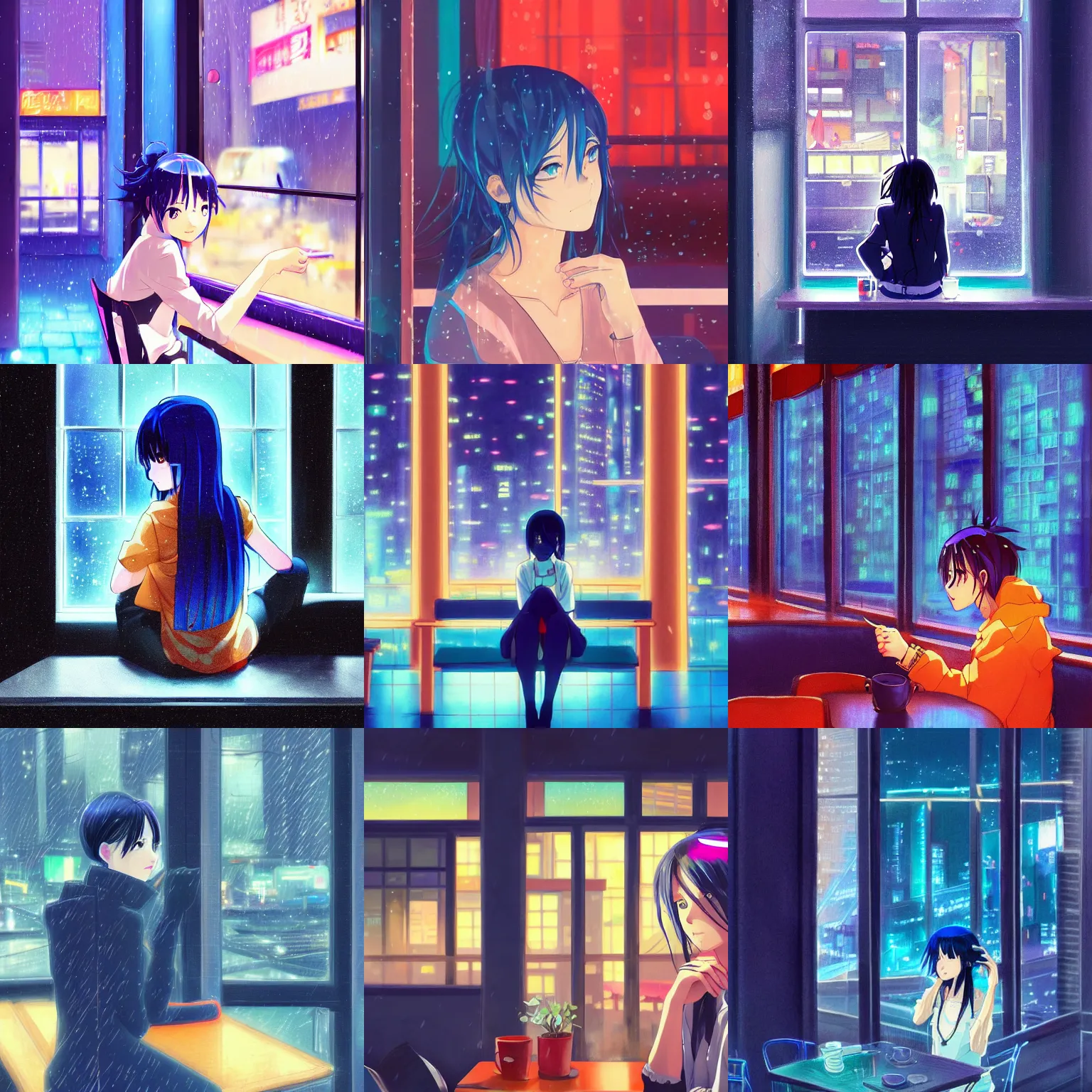 Prompt: beautiful anime painting of a woman with dark-blue hair sitting in a cafe next to a window, rainy night, outside are neon lights from a dense city, by makoto shinkai, kimi no na wa, 2010s Tokyo TV anime, artstation, atsmospheric, high detail