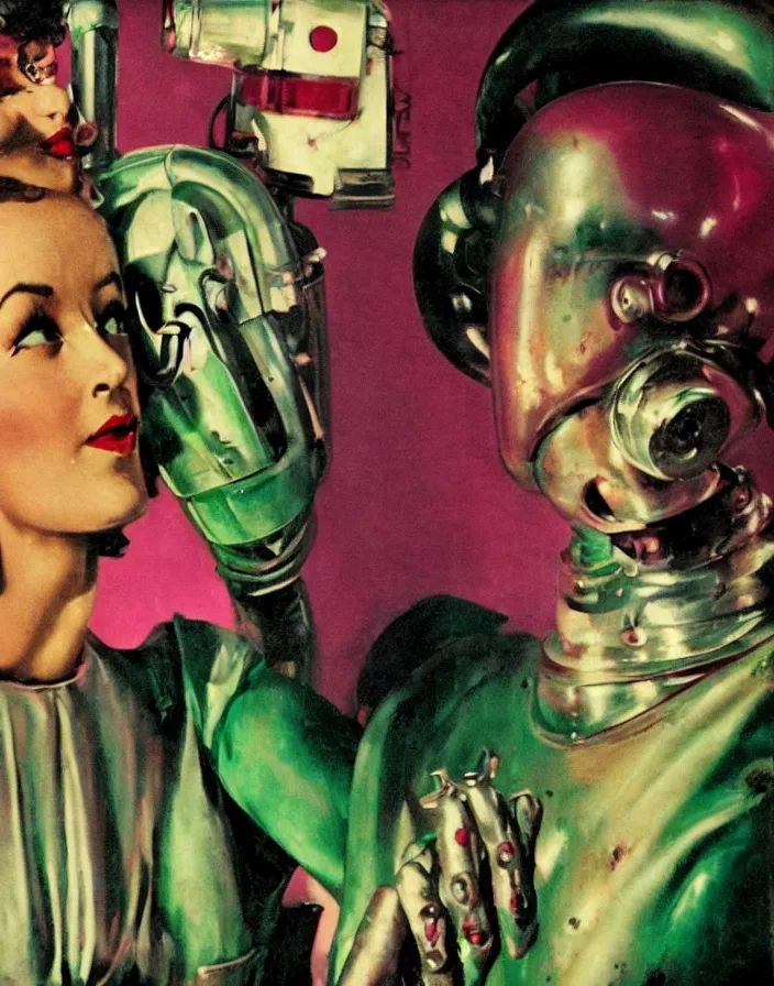 Prompt: a female housewife being hugged by a retro metal - suited robot, 1 9 5 0 s horror film movie poster style, ( norman rockwell oil painting ), close - up shot, tight shot, retro science fiction, vintage, saturated pink and green lighting, shadowy lighting, cohesive