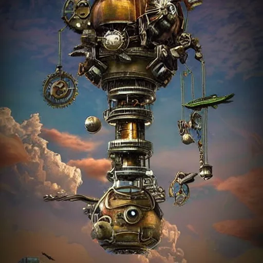 Prompt: flying city in a steel flower, sky, steampunk!!!, fantasy art, steampunk, masterpiece, octane