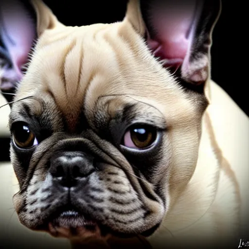 Image similar to a feline french bulldog - cat - hybrid, animal photography