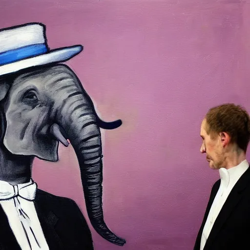 Prompt: in an art gallery, there is a huge painting of an elephant by marlene dumas. a man in a top hat and a suit is looking up at the painting. cgsociety, surrealism, surrealist, dystopian art, purple color scheme