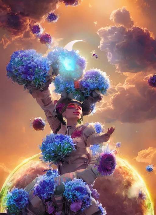 Image similar to An epic fantastic realism comic book style painting of the most beautiful flowers launched into space, bouquets, solar eclipse, fisheye, unreal 5, DAZ, hyperrealistic, octane render, dynamic lighting