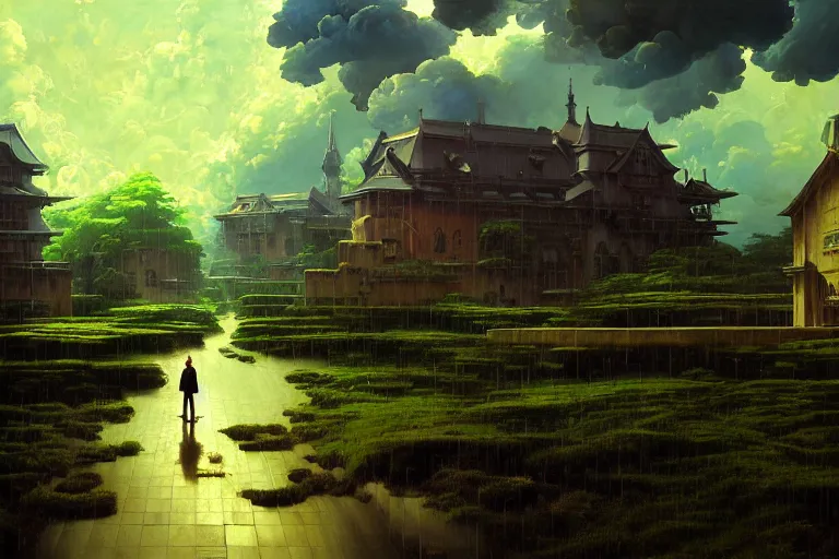 Image similar to baroque oil painting of anime key visual environment concept art of anime overgrown brutalist dark fantasy, rain, rule of thirds, cinematic lighting, fake hidden detail, trending on pixiv fanbox, acrylic palette knife and brush, style of makoto shinkai studio ghibli genshin impact jamie wyeth james gilleard greg rutkowski