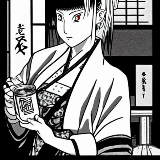 Image similar to Tsunade drinking sake in a japanese pub by Shoji Sato in the style of Black And White Manga