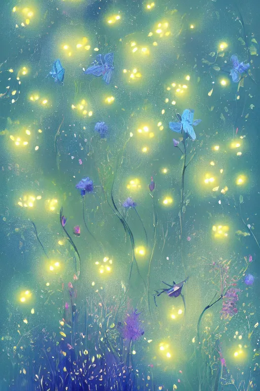 Prompt: beautiful digital matter cinematic painting of whimsical botanical illustration blue flowers fireflies enchanted dark background, whimsical scene by greg rutkowki artstation