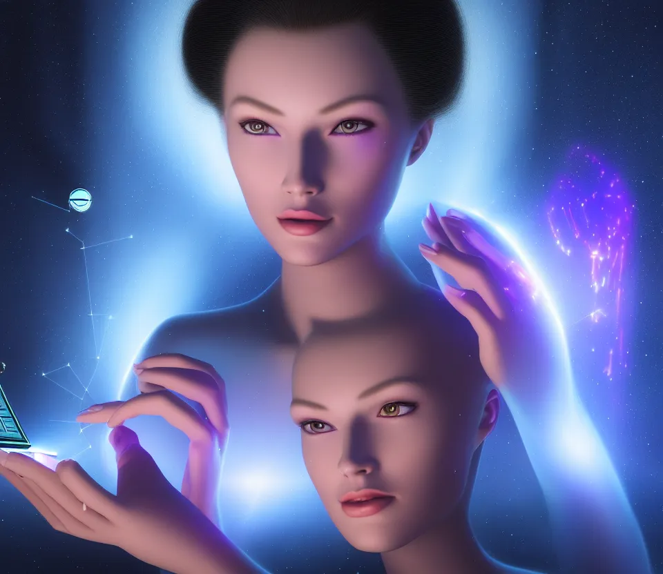 Image similar to beauty young space woman inputting data with lasers in a hologram with alien artifacts, mechanical case display, loose wiring dangling, 80s Aliens tech, ultrarealistic, dramatic lighting, electrical details, high details, 4k, 8k, best, accurate, trending on artstation, artstation, photorealism, ultrarealistic, digital painting, style of Peter Mohrbacher and Boris Vallejo and Wayne barlowe