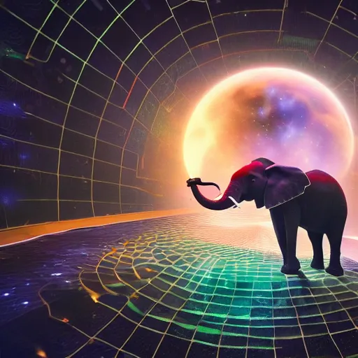 Image similar to a hyperrealistic 3D octane render of an elephant wearing virtual reality goggles playing a synthesizer inside of a geodesic dome planetarium with planets and galaxies, trending on artstation, 8k, 4K, dramatic lighting, glowing, volumetric lighting, ray tracing, unreal engine