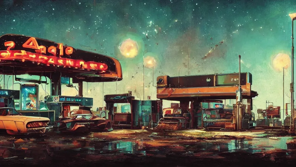 Image similar to A 1960s robot! on couch in front of a rusted! gas station. The stars! of the Milky Way shine above a broken neon sign realistic, raytracing, 8K glow, fantasy concept art by Greg Rutkowski