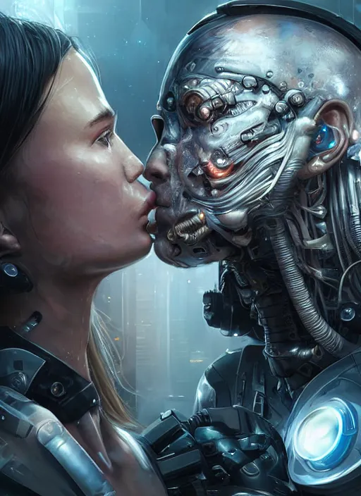 Image similar to ultra realistic close - up of a couple of cyborgs kissing, lovers, faces, cyberpunk, sci - fi, fantasy, led color, flare, soft light, night, highly detailed, digital painting, concept art, sharp focus, illustration, art by artgerm and greg rutkowski and h. r. giger,