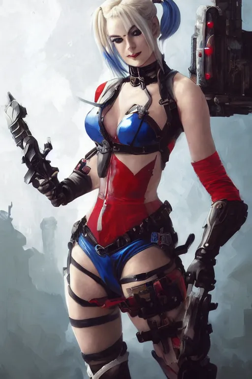 Prompt: portrait of anime Harley Quinn in bikini armor, dc comics, cyberpunk, Warhammer 40000, dark fantasy, digital art from artstation by Ruan Jia and Mandy Jurgens and Artgerm and william-adolphe bouguereau