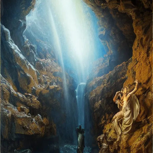 Image similar to allegory of the cave, platos cave, detailed, centered, digital painting, artstation, concept art, donato giancola, joseph christian leyendecker, wlop, boris vallejo, breathtaking, 8 k resolution, extremely detailed, beautiful, establishing shot, artistic, hyperrealistic, beautiful face, octane render, cinematic lighting, dramatic lighting, masterpiece