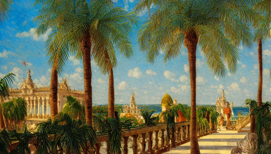 Image similar to a ultradetailed beautiful painting of the amazonas palace balustrade designed by jules bastien - lepage, tarsila do amaral, frank weston and gustave baumann, beach, trending on artstation, mediterranean, palm trees, sharp focus, colorful refracted sparkles and lines, soft light, 8 k 4 k