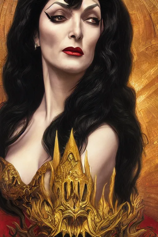 Image similar to ultra realistic illustration, deanna troi as morticia addams from baldurs gate and diablo, intricate, elegant, highly detailed, digital painting, artstation, concept art, smooth, sharp focus, illustration, art by artgerm and greg rutkowski and alphonse mucha