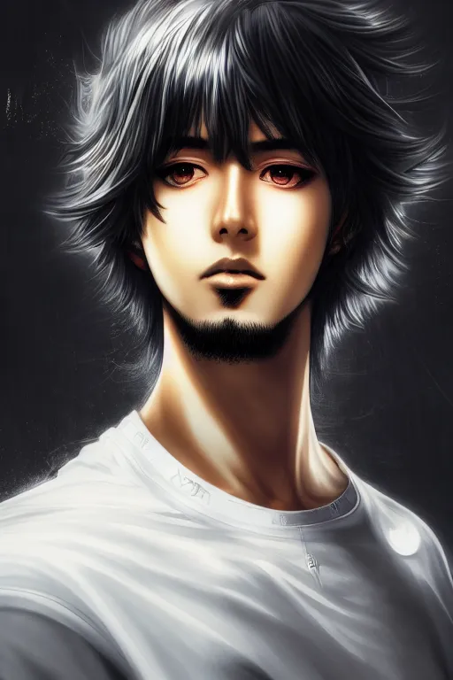 Image similar to beautiful manga portrait of a young arabic man inspired by ayami kojima with short hair dressed with a white t - shirt, white background white bank studio light, art by yoshitaka amano and shingo tamagawa, sharp focus, high quality, 8 k