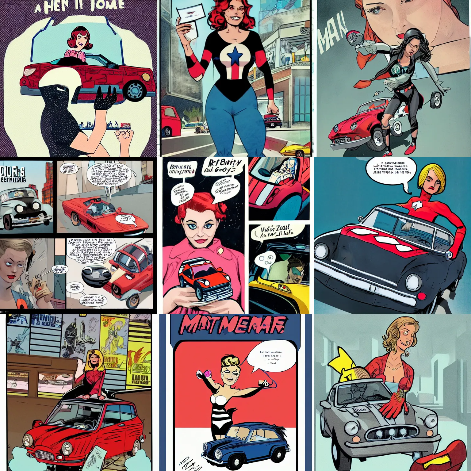 Prompt: a woman in a costume holding a miniature car, a comic book panel by chip zdarsky, tumblr contest winner, temporary art, official art, marvel comics, poster art