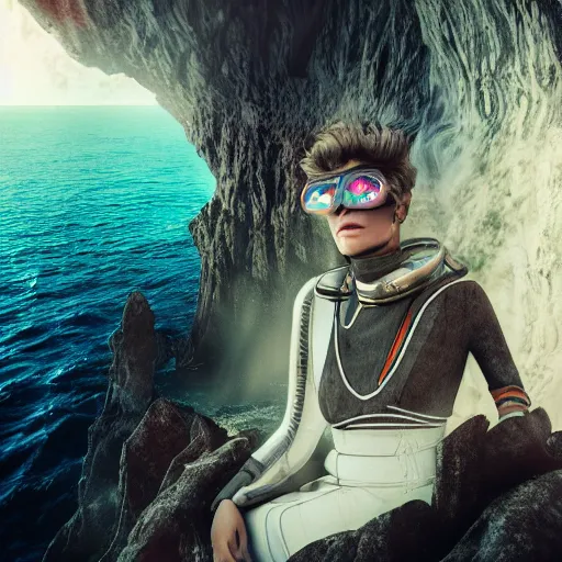 Image similar to portrait photo with stylish lens effect, stylistic lighting, 1 9 8 0's sci - fi style, extremely epic, hyppereality, weta digital, octane render, a flamboyant eccentric fashionable character standing in the cliffside entrance to a cave alongside crashing dramatic ocean waves with sea foam and sea spray, an ancient greek trireme, cinema 4 d, volumetric lighting