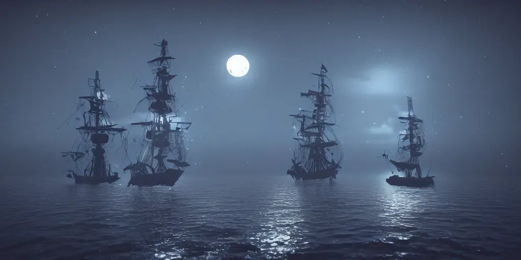 Prompt: ethereal ghost pirate ship at open sea at night, full moon behind it, 3 d art, octane render, 6 k, unreal engine, horror movie