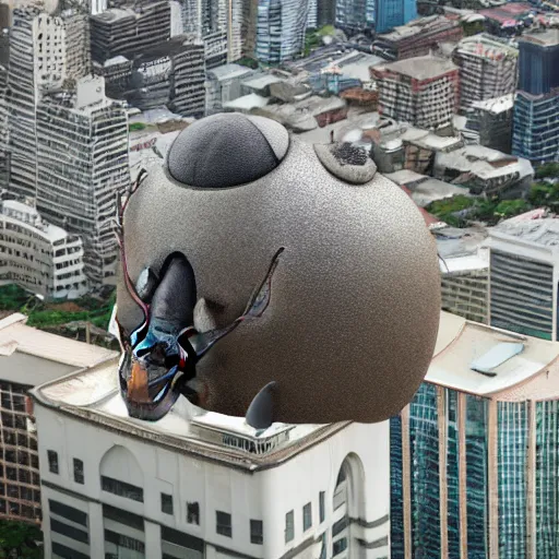 Prompt: huge ant's head made by silver flying on the top of city town, hi - res camera shot