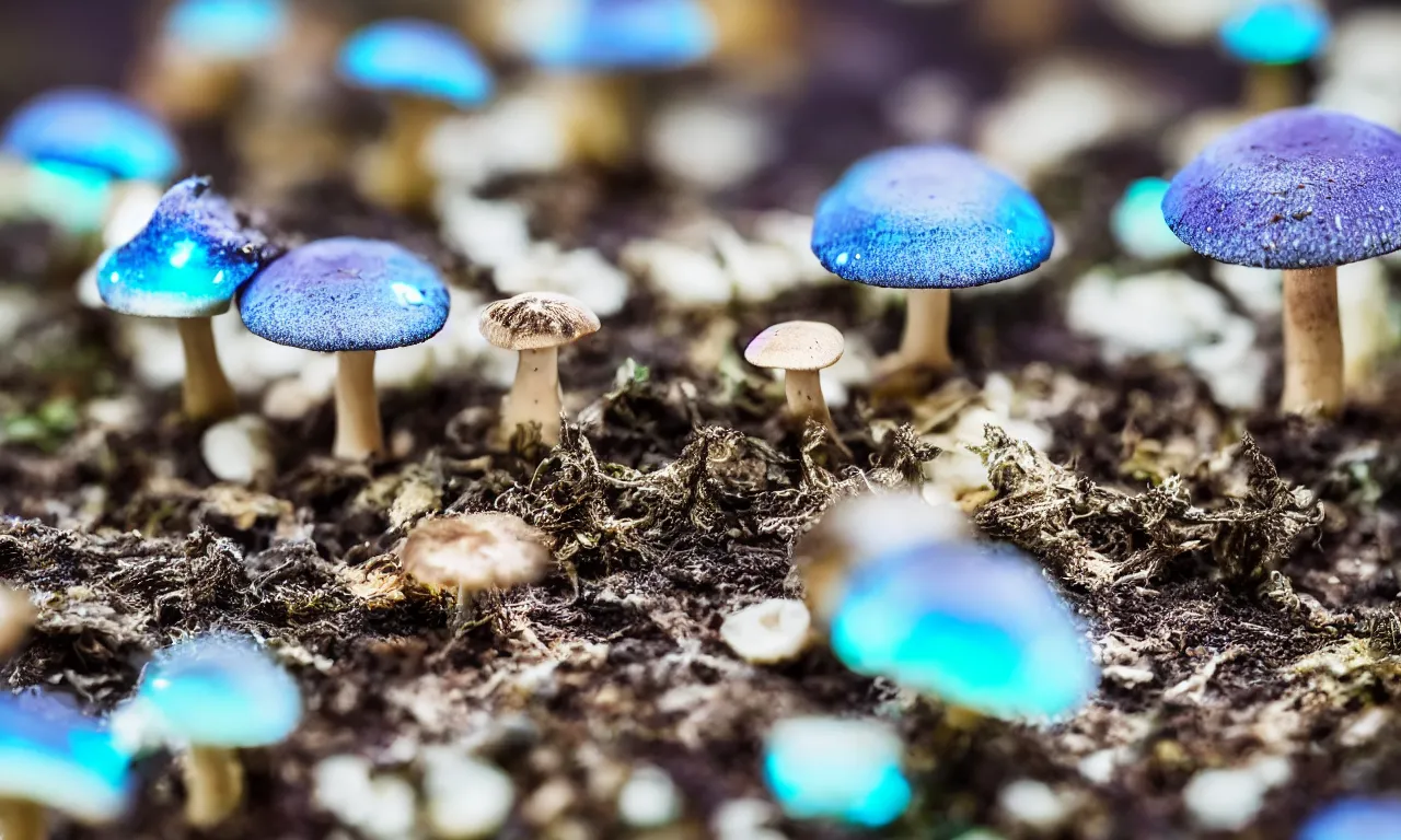 Image similar to a macro shot of bioluminescent mushrooms mushrooms, dof, 4k, bokeh, acid pixie acid pixie, mystic hues