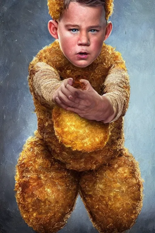 Image similar to channing tatum in a tater tot costume, oil on canvas, intricate, 8 k highly professionally detailed, hdr, cgsociety