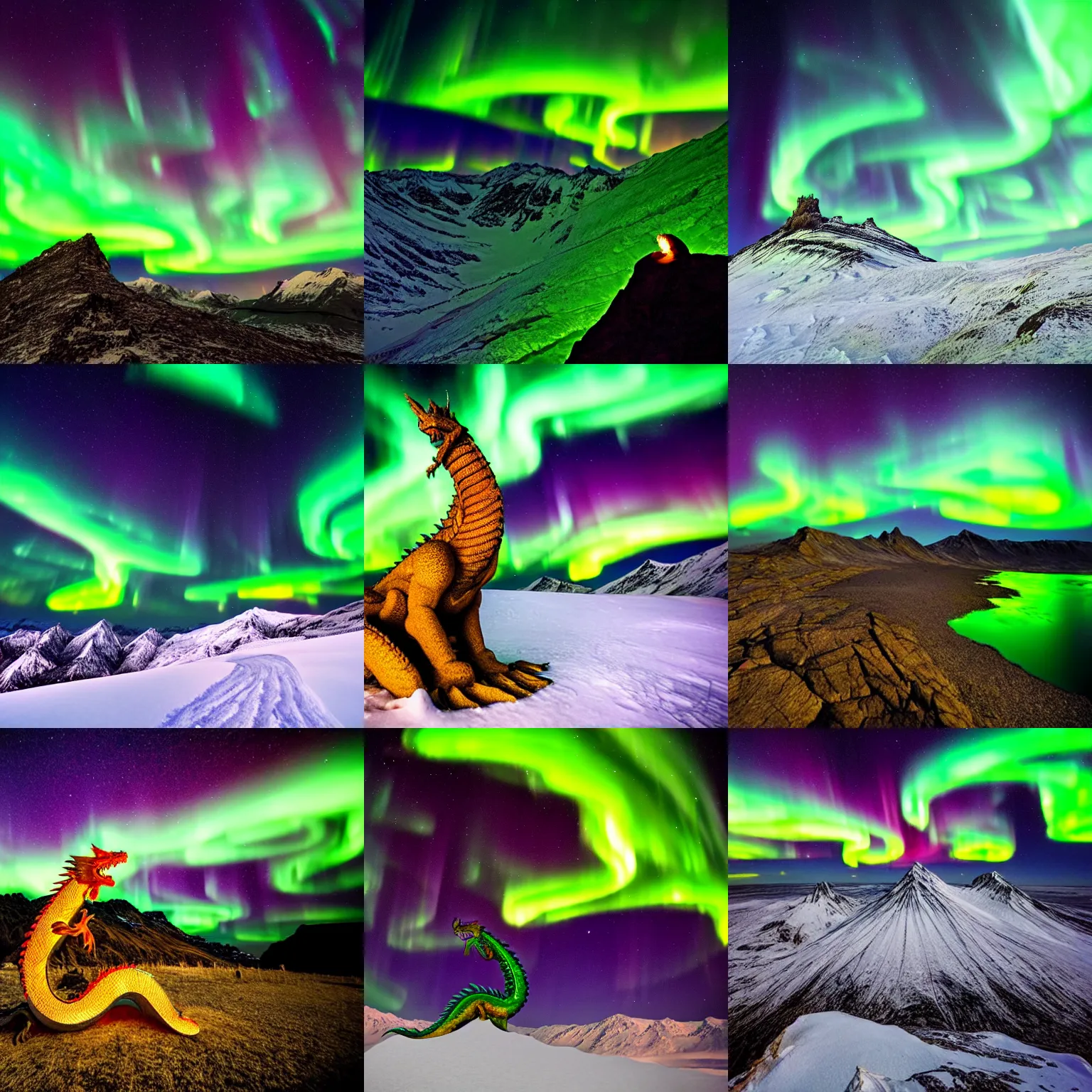 Prompt: dragon on a mountain lit by the nothern lights at night