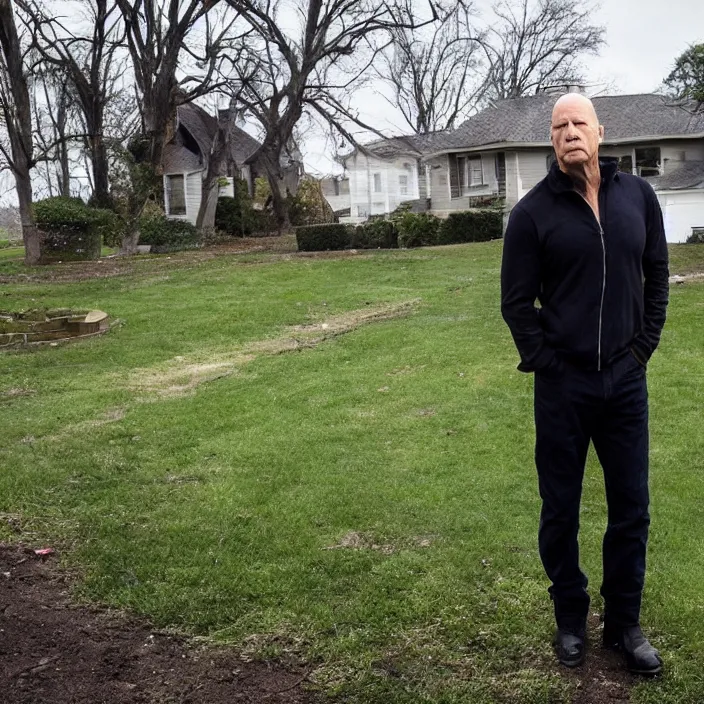 Prompt: bruce willis stands in his front yard after a storm has wiped away his lawn. a sexy woman stands barley visible in the distance
